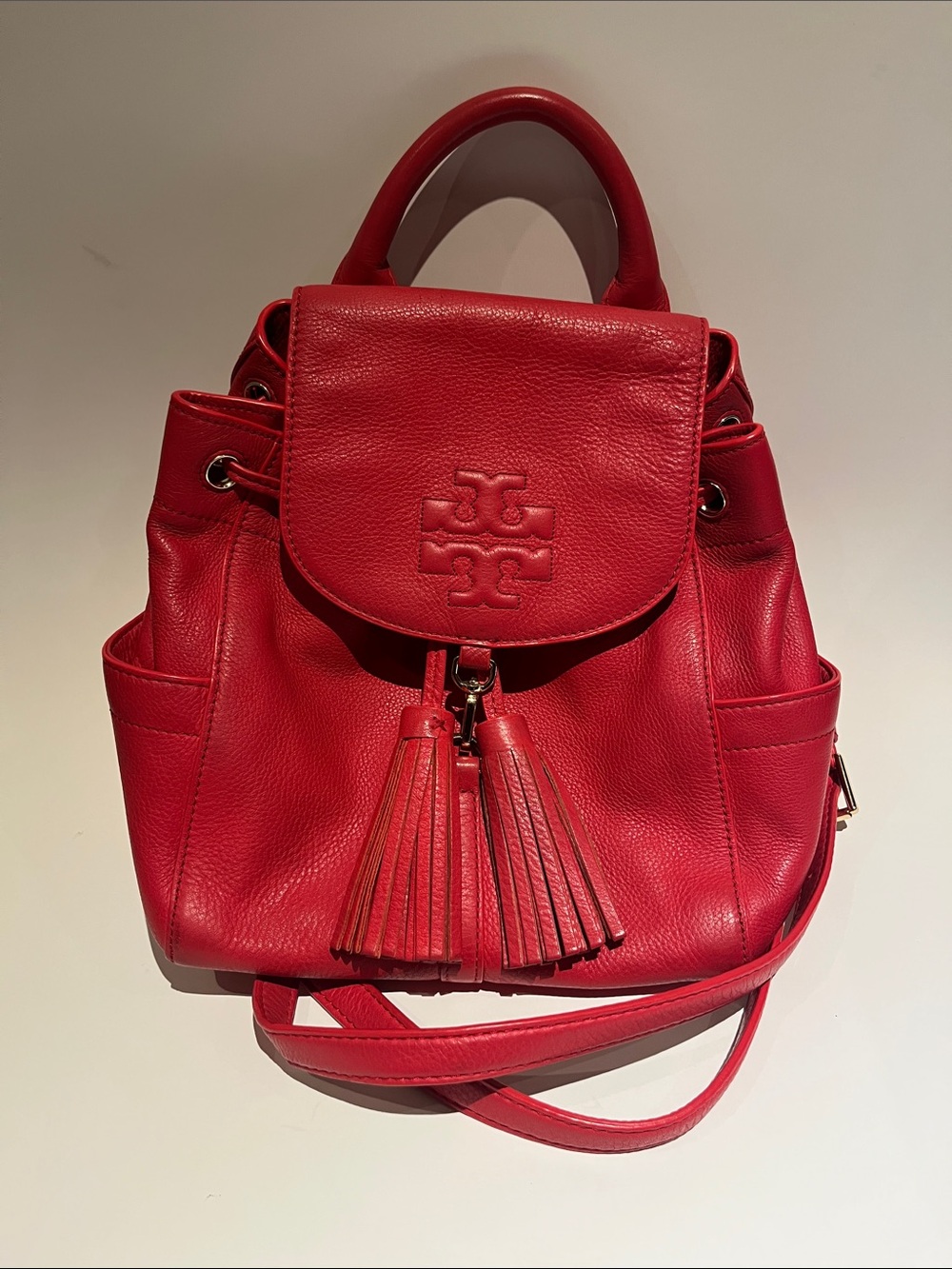 Tory Burch Red Leather Tassel Drawstring Backpack